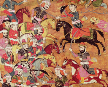 Red and gold ancient depiction of a war battle including horses